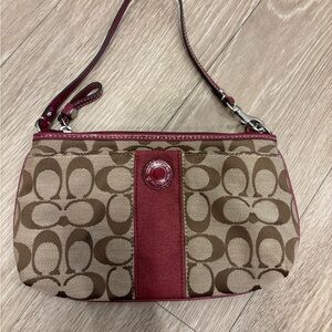 Coach Brown Signature Canvas Wristlet with Red Trim